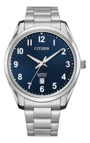 Reloj Citizen Bi103151l Para Hombre Triple Manecilla Acero Malla Plateado Bisel Plateado Fondo Azul Oscuro