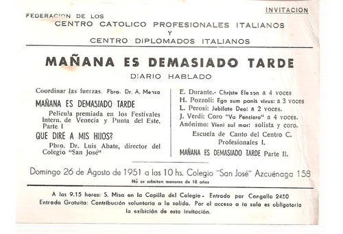 Programa Ctro Profesionales Diplomados Italianos Agosto 1951