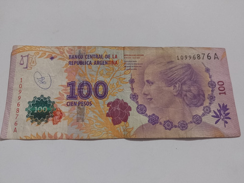 Billete Con Error De Impresión, Cien Pesos Eva Perón 