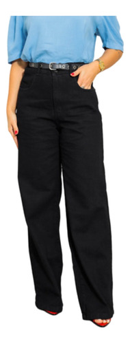 Calça Jeans Feminina Wide Leg Elegante Cintura Alta Preto