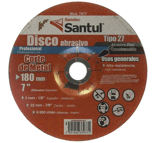 Disco Abrasivo Tipo 27, Diám. 7  Espesor 1/8, Centro 7/8