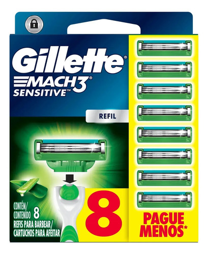 Gillette Mach3 Sensitive Carga para Aparelho de Barbear com Aloe 8 Unidades