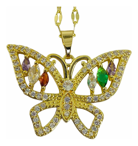 Collar Cadena  Mariposa  Bañado En Oro Cristales Colores