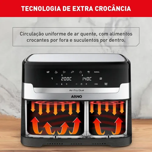 Fritadeira sem Óleo Airfryer Arno Dual 8,3L Inox Digital 1800W AFD2