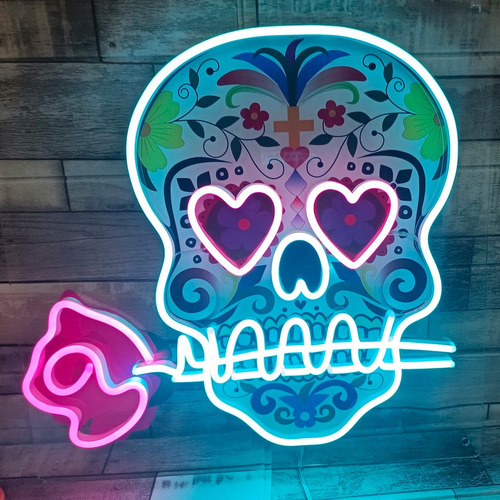 Calavera De Azúcar México Neon Luz Led Día Muertos Acrílico 