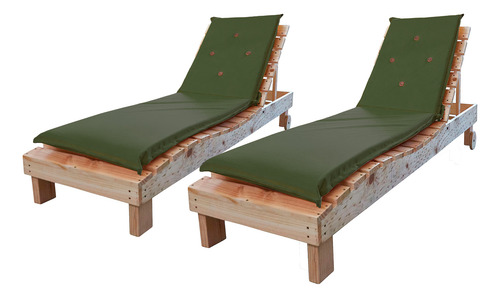 Reposeras Con Cojin Verde Oliva Y Mesa De Madera (pack)