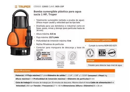 BOMBA SUMERGIBLE AGUA SUCIA 1 HP TRUPER 12603 Truper BOS-1SP