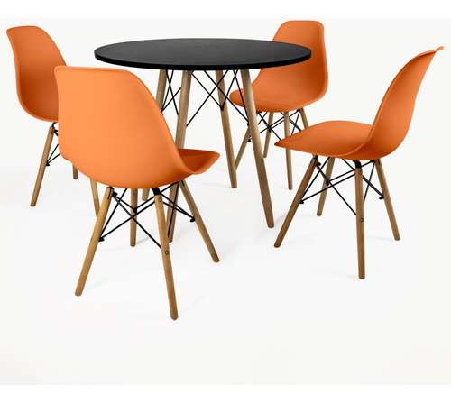 Mesa Redonda Eiffel 90cm + 4 Cadeiras Eames Resistentes Dsw Cor Da Tampa Laranja