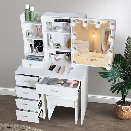Abesthink Espejo De Maquillaje Con Taburete Y Almacenamiento