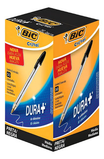 Caixa Caneta Esferográfica Bic Cristal 1.0 Média Dura+ C/50 Tinta Preto Exterior Transparente