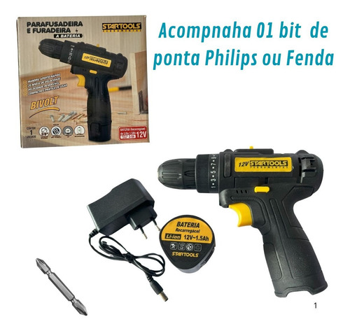 Furadeira Parafusaderia A Bateria 12v 3/8 Bi Volt Preta