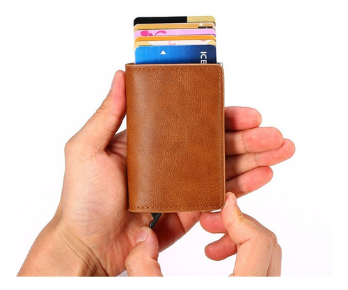 Porta Tarjetas De Metal Rfid Cuero Sintetico