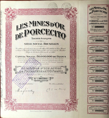 Título Acción Minas De Oro De Porcecito 1928