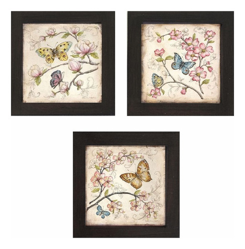 Trio De Quadros De Borboletas Fundo Bege, Moldura Preta 14cm