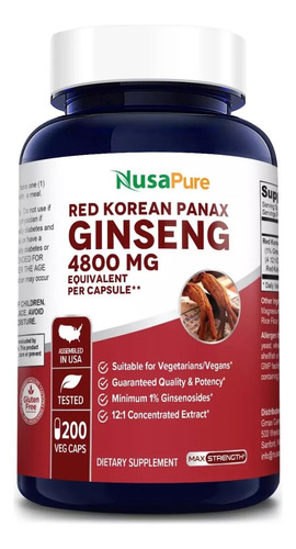 Ginseng Panax Rojo Coreano | 4800 Mg | 200 Caps| Extrafuerte