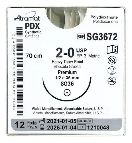 Sutura Polidioxanona 2-0 1/2 Ahusada Gruesa 36mm 70cm 