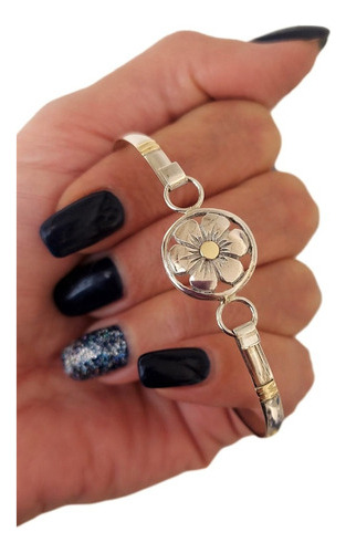 Pulsera Esclava Con Centro Flor Plata Y Oro 