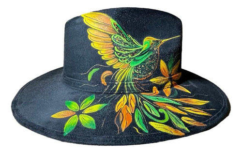 Sombrero Mexihat Gamuza Diseño De Colibrí Pintado A Mano