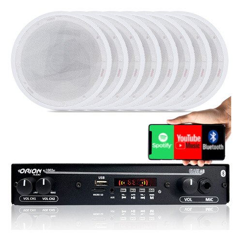 Kit Som Ambiente Amplificador Bt Fm +8 Arandelas Gesso Teto 