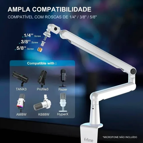 Suporte Microfone Profissional Fifine Boom Arm Bm88 Branco