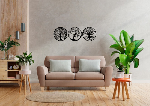 Imagen 2 de 6 de Cuadro Arbol De La Vida Circulo En 3 Piezas Calado Mdf Negro