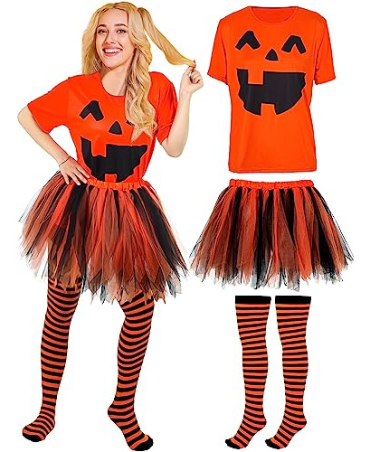 Conjunto Camiseta Calabaza, Falda Corta Y Calcetines Largos Para Mujeres. Disfraz De Halloween Para Fiesta, Talla Grande