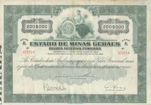 Apólice Estado De Minas Gerais Dívida Interna Fundada - 1934