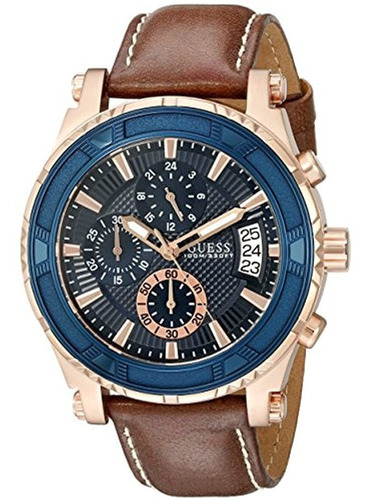 Guess Hombre Piel Café Y Rose Gold-tone Reloj Deportivo