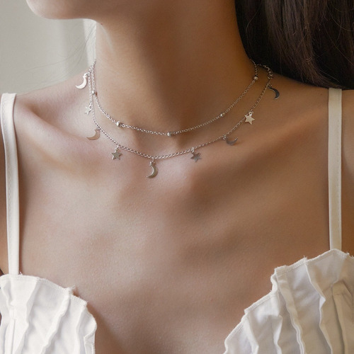 Colar De Prata Feminino Delicado Luxo Cordão Moderno Luas Es