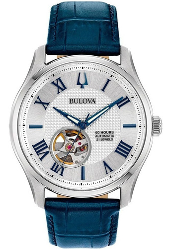 Reloj de pulsera Bulova 96A206 de cuerpo color plateado, para hombre color azul, bisel color plateado