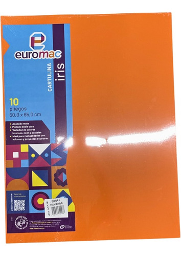 Cartulina Euromac Iris 10 Pliegos 50x65 Color Naranja Liso