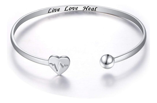 S925 Plata De Ley Live Love Heal Ekg Heartbeat Brazalete Abi