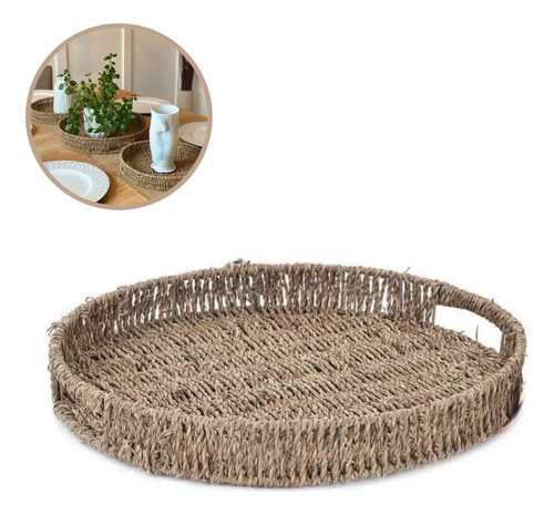 Cesta Bandeja De Palha Com Alça Grande Decoração Boho 38cm