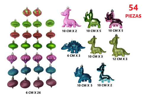 Set Esferas Navideñas 54 Pz Multicolor Dinosaurio Verde Azul
