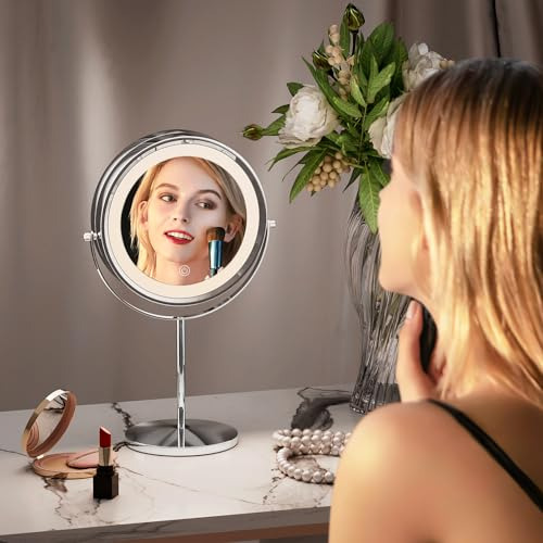 Espejo De Maquillaje Doble Cara 20 Cm Con Luz Y Aumento