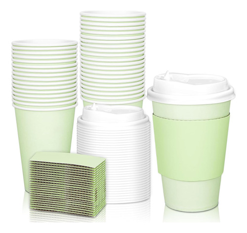 50pcs Sage Green Disposable Coffee Cups With Lids And Sleeve