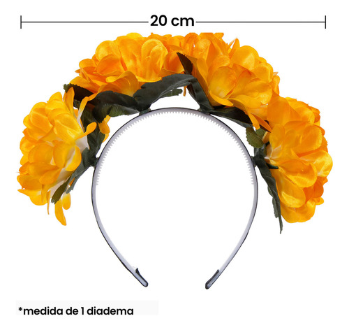 Diadema Flores Disfraz Patria Día Muertos 20cm Mylin 3pzas Color Amarillo