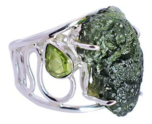 Anillo De Plata Con Moldavita Y Peridoto, Joyería Hecha A Ma