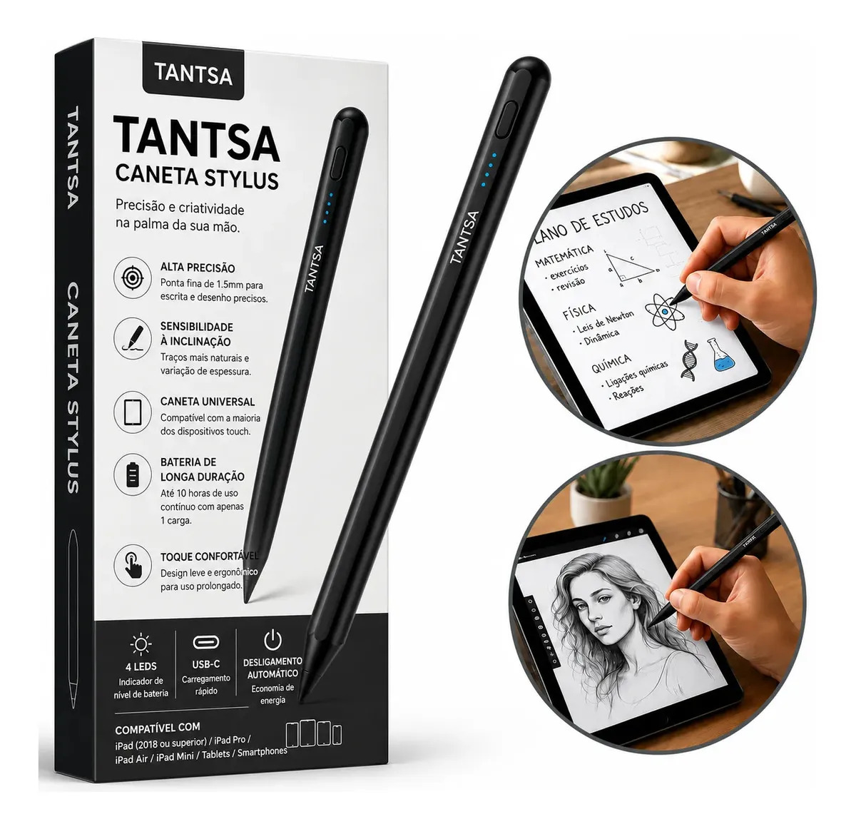 Caneta Touch Tantsa Recarregável Para iPad e Tablet Com Rejeição de Palma