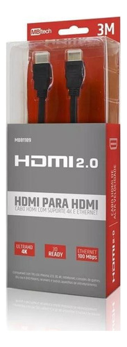 Cabo Hdmi 3 Metros 2.0 Com Suporte 4k E Ethernet Na Caixa