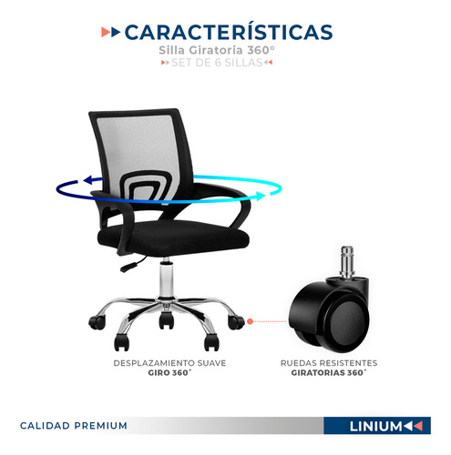 Silla Oficina Escritorio Linium Ergonómica Premium Set De 6 Color Negro Material Del Tapizado Liso