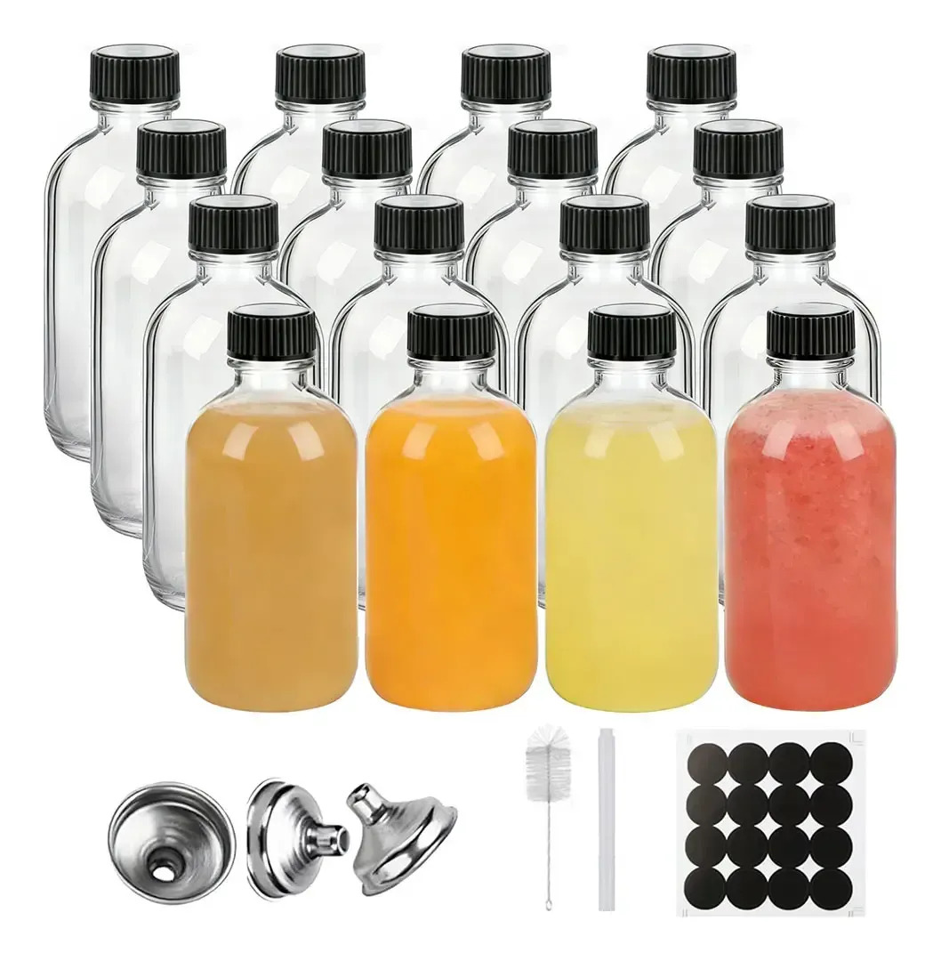 16 Frascos de Vidrio con Tapa Hermética, Mini Botellas Boston de 60 ml para Shots, Jugos, Aceites Esenciales y Viaje, Reutilizables