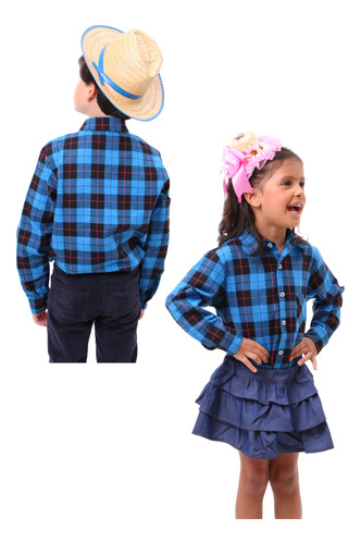 Camisa Caipira Azul Preta Xadrez Infantil - Algodão