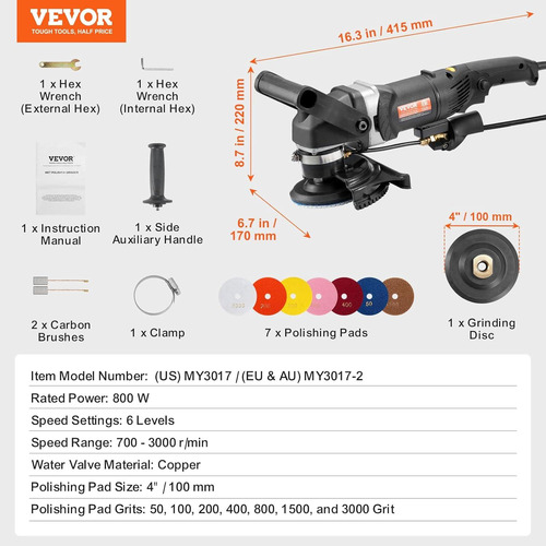Pulidor Húmedo Vevor 800w 4 6 Velocidades Para Mármol Y
