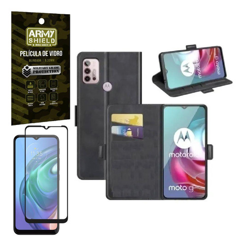 Kit Capinha Carteira Moto G20 + Película Vidro 3d Armyshield