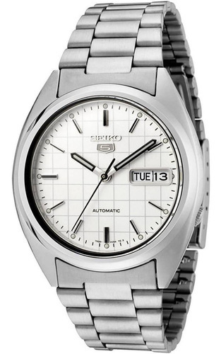 Relógio masculino Seiko Snxf05 5 automático com mostrador branco, cor de pulseira de prata, cor de moldura prateada, cor de fundo branco