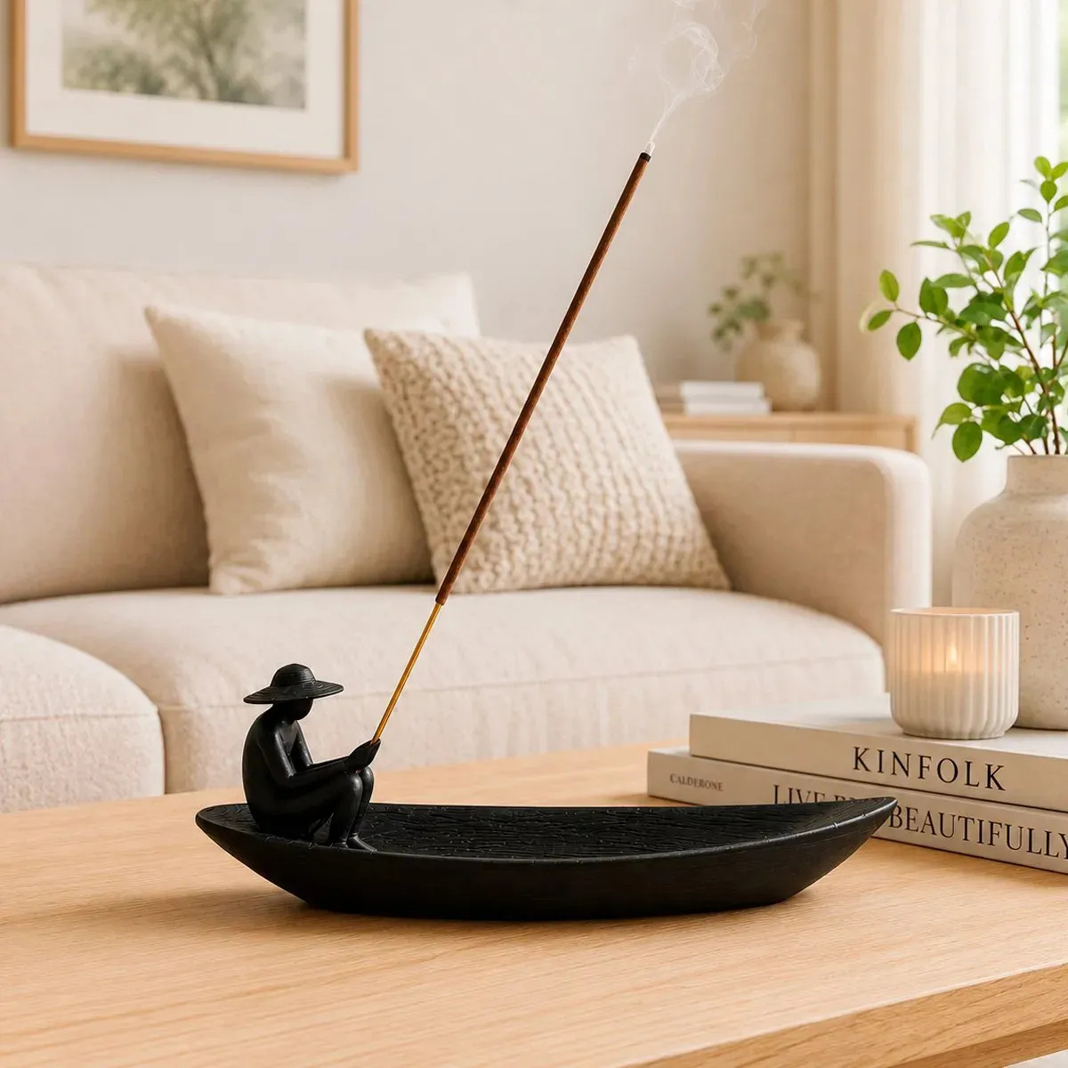 Porta Incenso Barco Zen Decorativo Minimalista Pescador