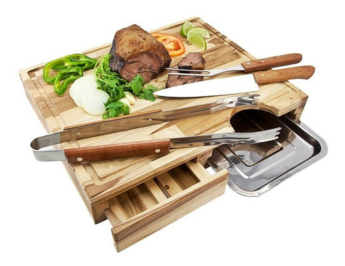 Kit Caipirinha Em Madeira + Tabua Com Garfo, Faca E Pegador