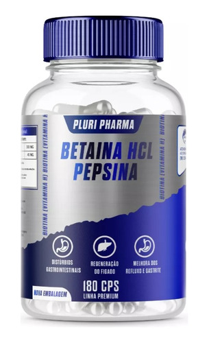 Betaína Hcl 300mg + Pepsina 40mg 180 Capsulas Pluri Pharma