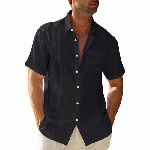 Camisa Strech Cuello Mao Lino Hombre Casual Manga Corto Slim